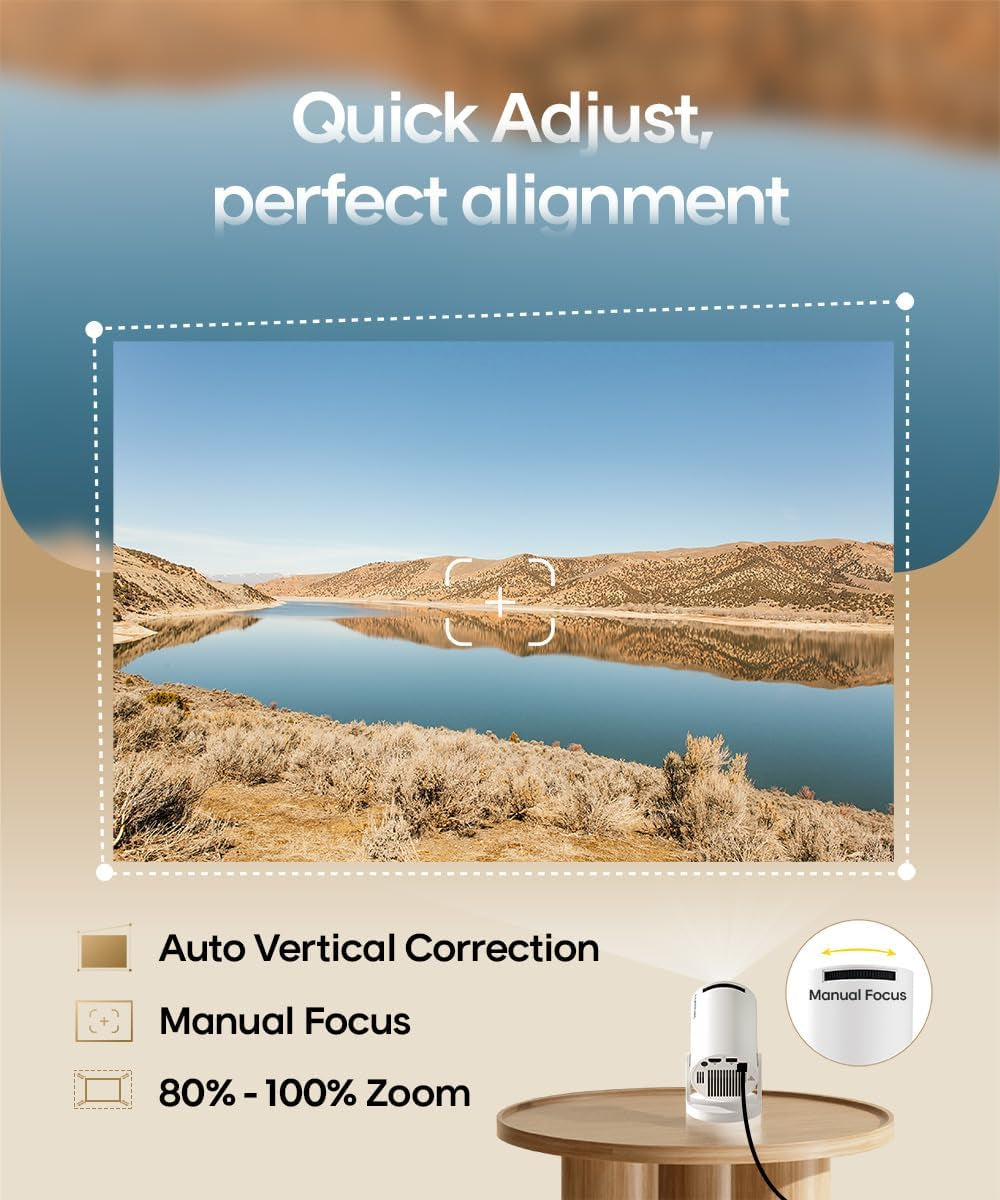 Mini Projector with Wifi and Bluetooth, Portable Projector 4K Support, Auto Keystone, 180 Degree Rotation, Smart Proyector for Home Outdoor