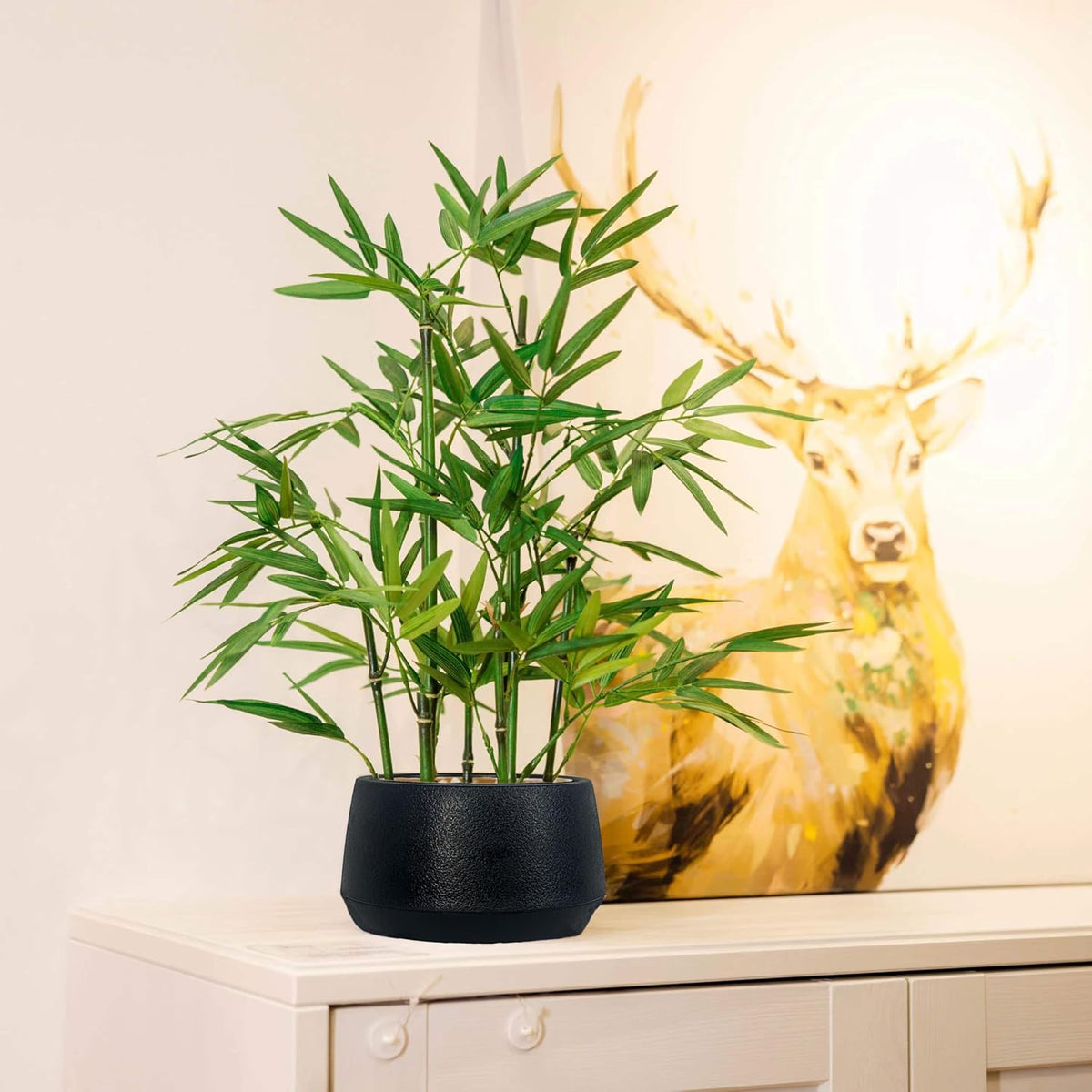 365 Blooming Decor 18-Inch Tall Potted ARTIFICIAL Bamboo Plant (Black Pot) - Luxury Artificial Bamboo in Black Textures Pot for Home, Office, Kitchen, Counter Top, Indoor Decor, Money Tree, Lucky Tree