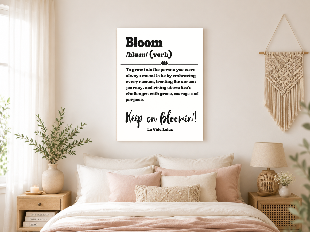 Bloom Definition Wall Art Canvas | Lotus Flower Quote Print | Inspirational Wall Decor | Motivational Gift for Women | Boho Home Decor