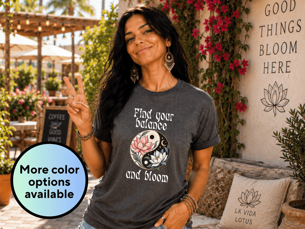 Find Your Balance and Bloom Shirt, Yin Yang Lotus Flower Tee, Spiritual Graphic T-Shirt for Women, Boho Positive Affirmation Gift