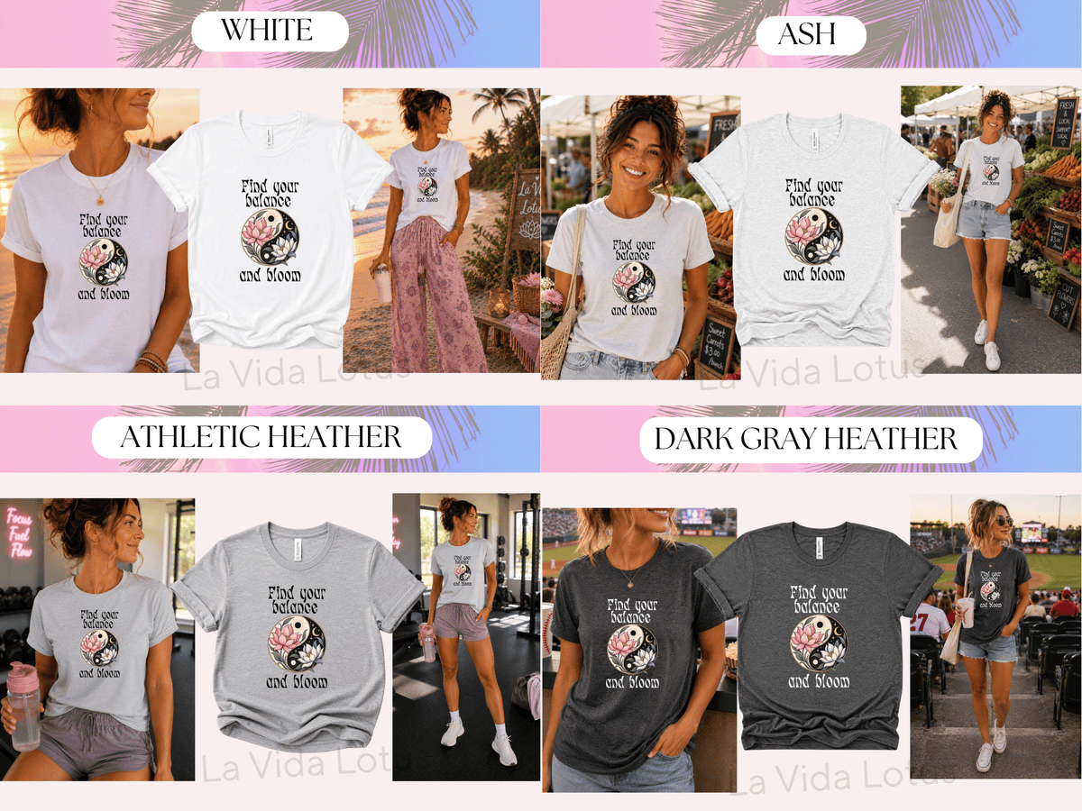 Find Your Balance and Bloom Shirt, Yin Yang Lotus Flower Tee, Spiritual Graphic T-Shirt for Women, Boho Positive Affirmation Gift
