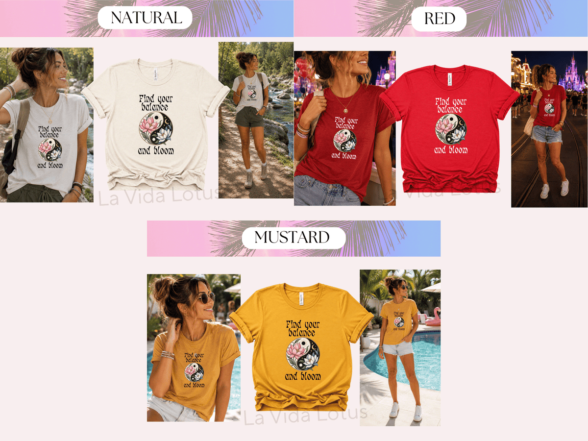 Find Your Balance and Bloom Shirt, Yin Yang Lotus Flower Tee, Spiritual Graphic T-Shirt for Women, Boho Positive Affirmation Gift