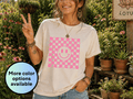 Pink Smiley Face Shirt, Retro Checkerboard Graphic Tee, Lotus Flower T-Shirt for Women, Positive Happy Shirt, Groovy Gift for Her