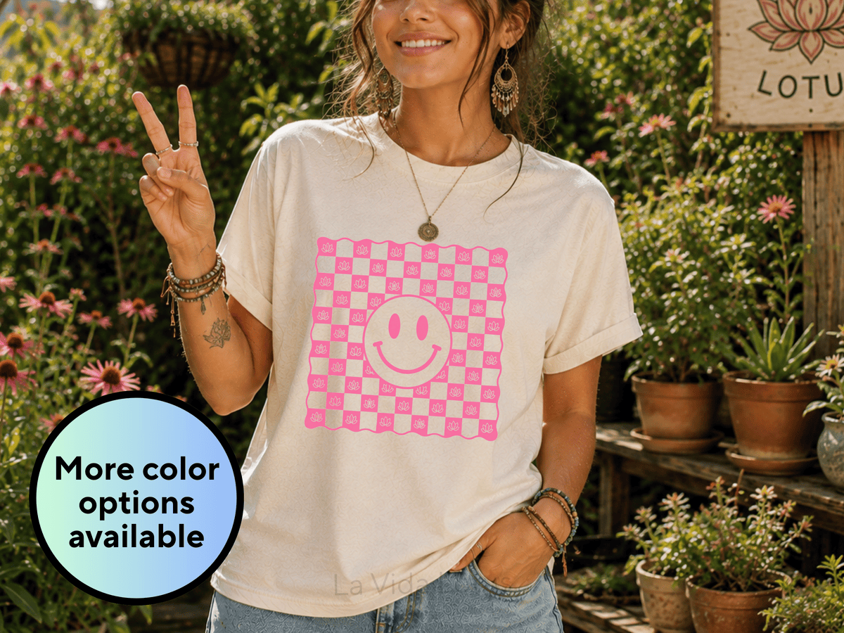 Pink Smiley Face Shirt, Retro Checkerboard Graphic Tee, Lotus Flower T-Shirt for Women, Positive Happy Shirt, Groovy Gift for Her
