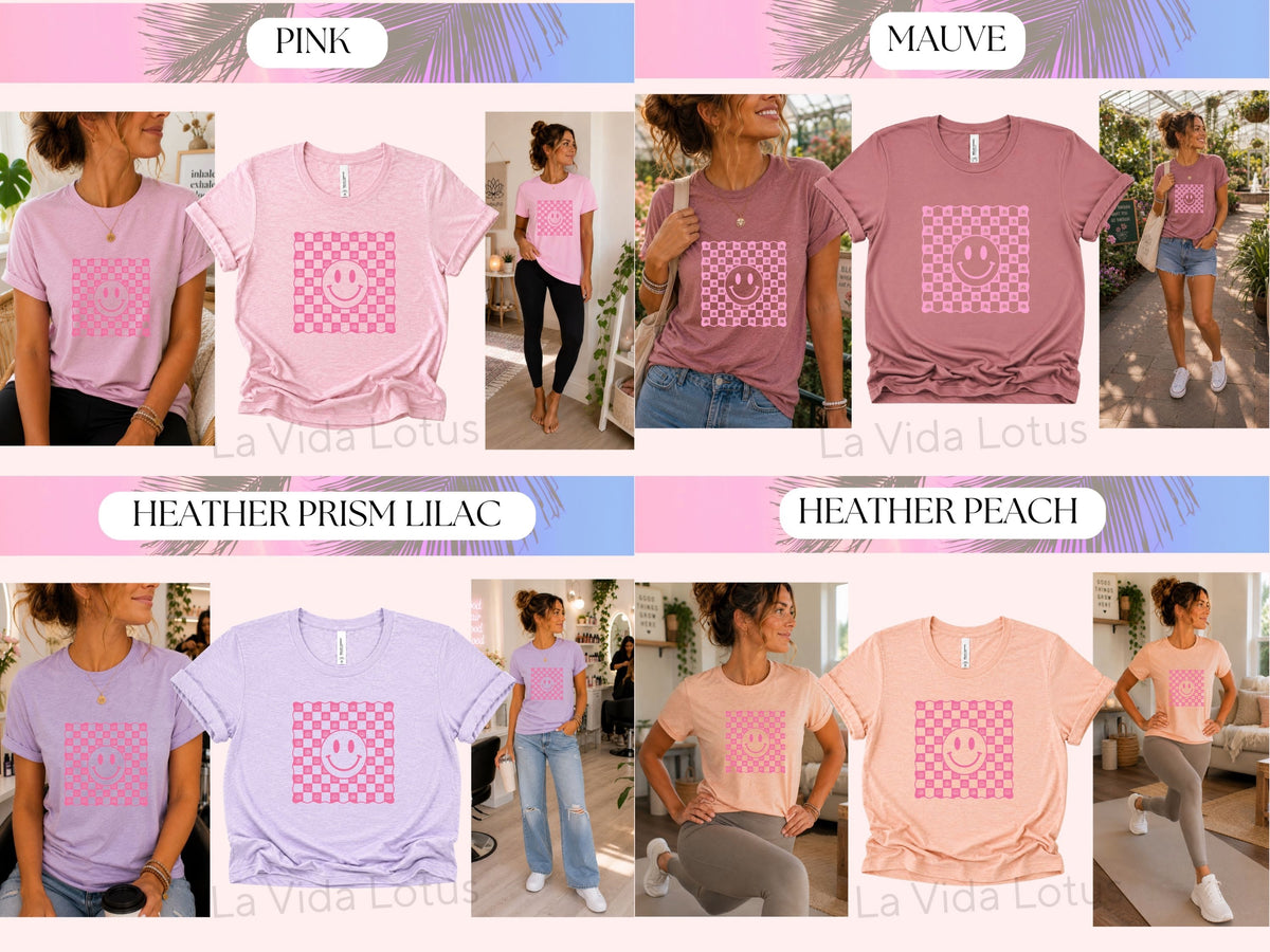 Pink Smiley Face Shirt, Retro Checkerboard Graphic Tee, Lotus Flower T-Shirt for Women, Positive Happy Shirt, Groovy Gift for Her
