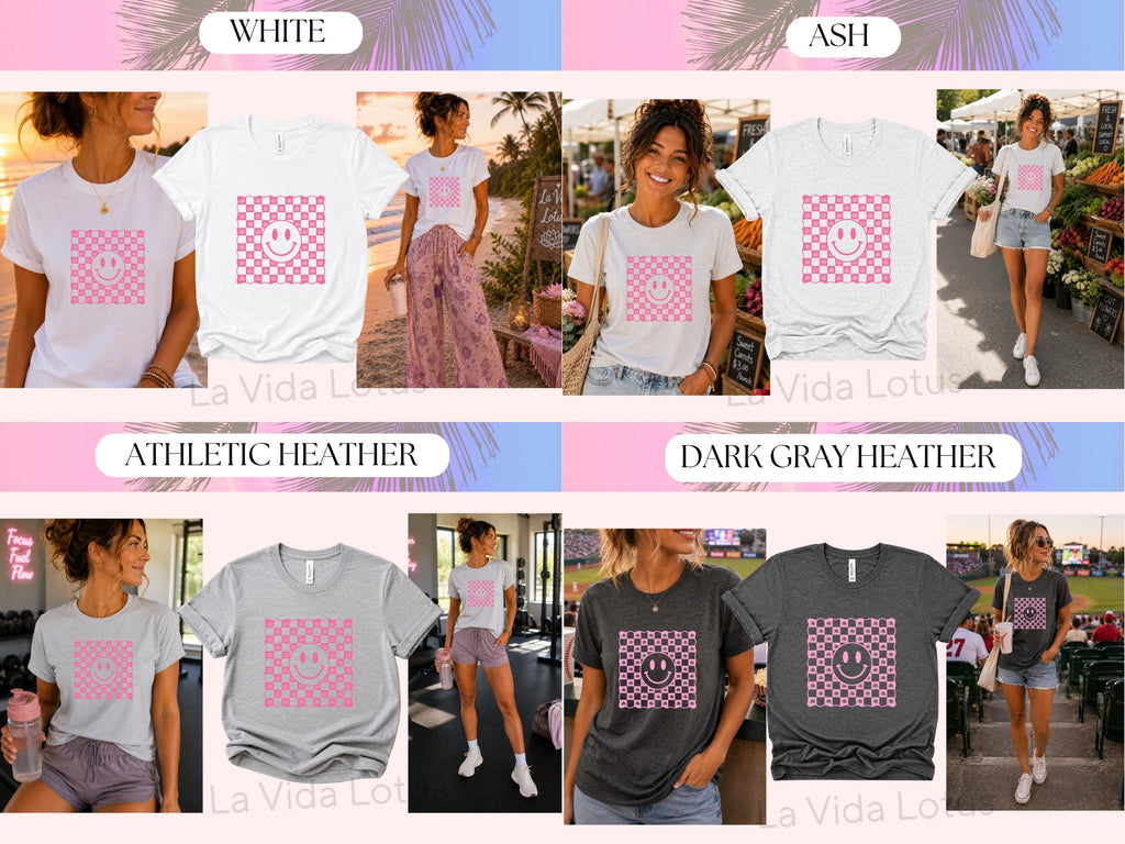 Pink Smiley Face Shirt, Retro Checkerboard Graphic Tee, Lotus Flower T-Shirt for Women, Positive Happy Shirt, Groovy Gift for Her