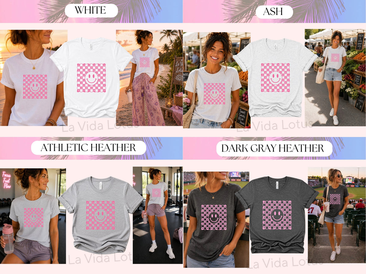 Pink Smiley Face Shirt, Retro Checkerboard Graphic Tee, Lotus Flower T-Shirt for Women, Positive Happy Shirt, Groovy Gift for Her