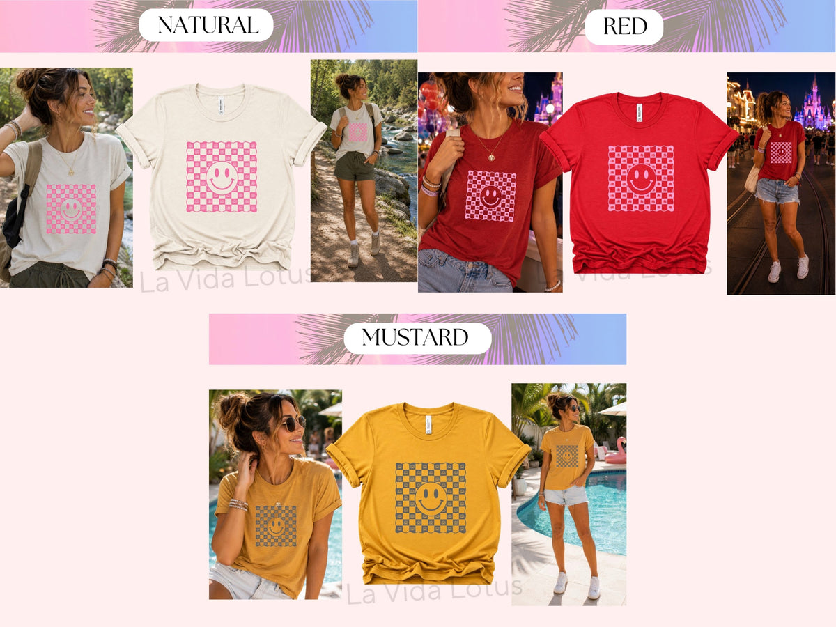 Pink Smiley Face Shirt, Retro Checkerboard Graphic Tee, Lotus Flower T-Shirt for Women, Positive Happy Shirt, Groovy Gift for Her