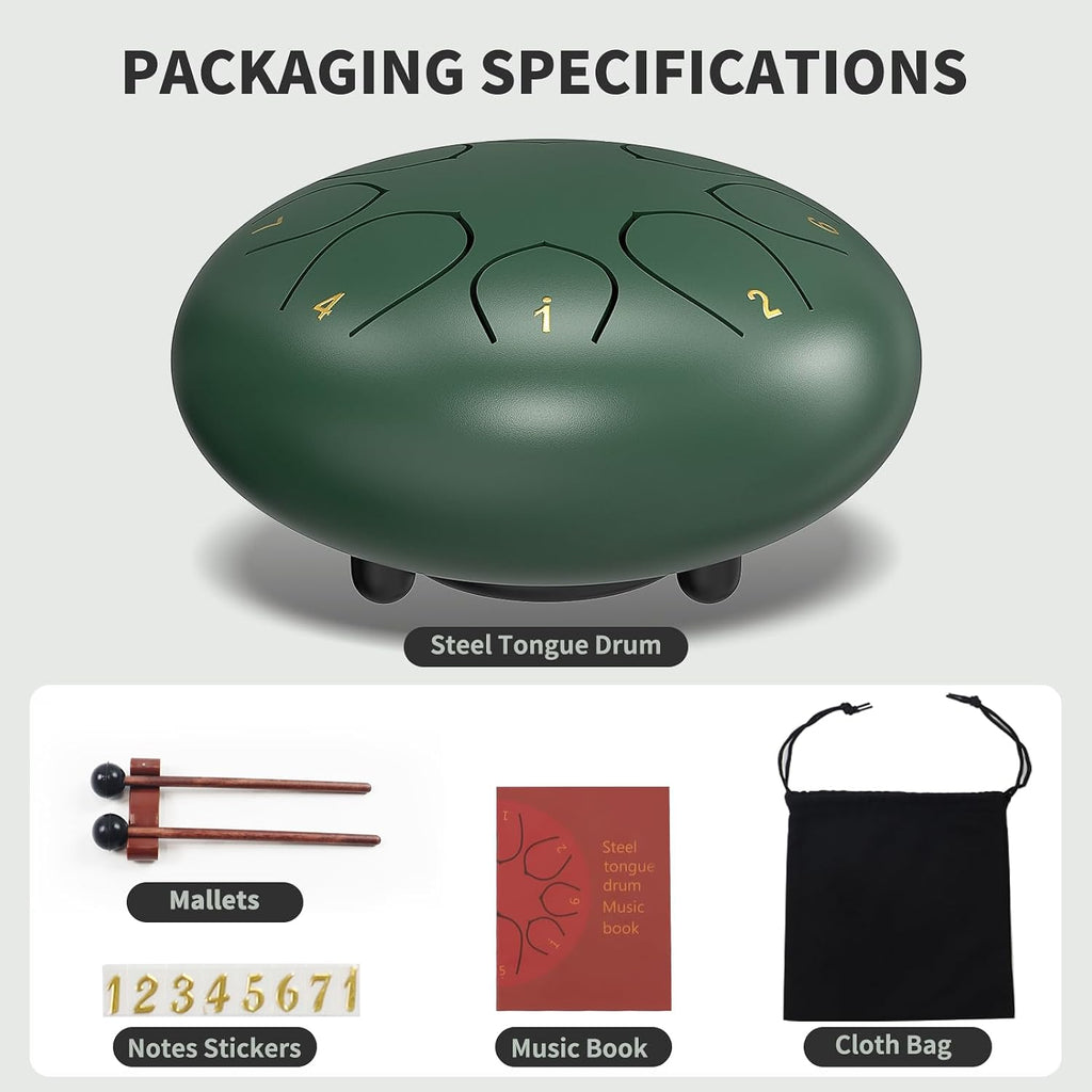 Rain Drum for outside Garden, 6 Inches 8 Notes Steel Tongue Chakra Drums, Waterproof Meditation Rain Chime, Musical Instruments for Adult Gift with Bag, Music Book, Drum Mallets (Green)
