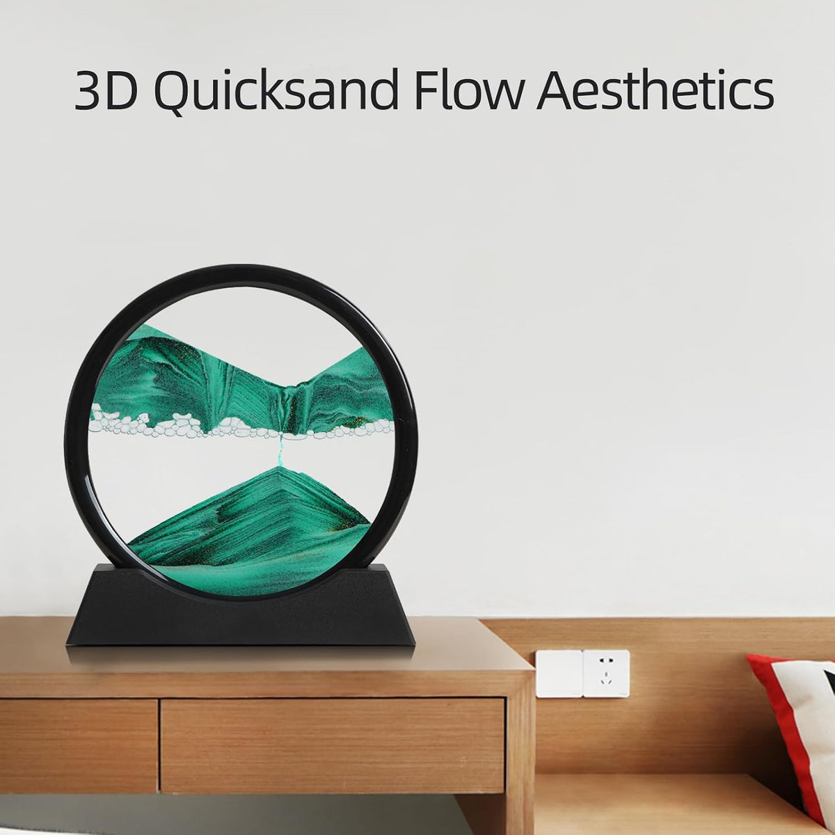 Moving Sand Art Liquid Motion, 3D Deep Sea Sandscape Color Quicksand Decor, round Glass Moving Sand Art Picture Relaxing Desktop Home Office Work Decor (Green, 7 Inch)