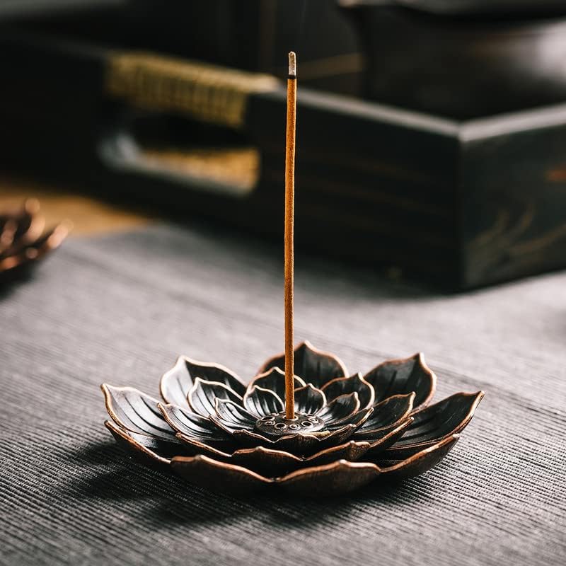 Lotus Flower Incense Burner, Incense Holder for Sticks, Brass Lotus Incense Stick Holder and Detachable Ash Catcher