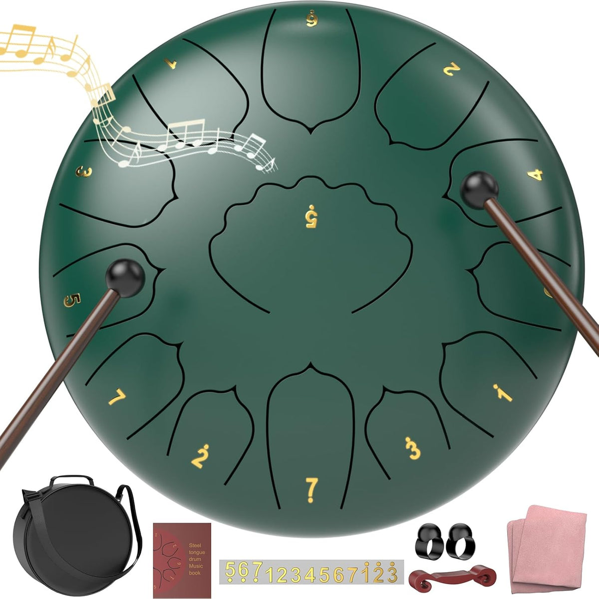 Rain Drum for outside Garden, 6 Inches 8 Notes Steel Tongue Chakra Drums, Waterproof Meditation Rain Chime, Musical Instruments for Adult Gift with Bag, Music Book, Drum Mallets (Green)