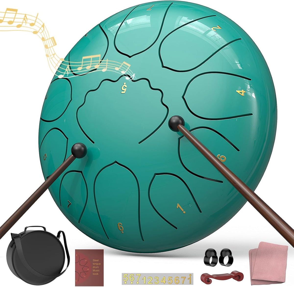 Rain Drum for outside Garden, 6 Inches 8 Notes Steel Tongue Chakra Drums, Waterproof Meditation Rain Chime, Musical Instruments for Adult Gift with Bag, Music Book, Drum Mallets (Green)