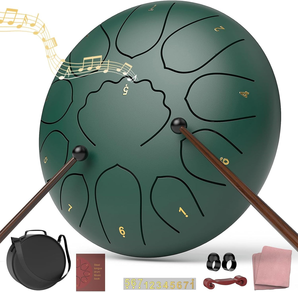 Rain Drum for outside Garden, 6 Inches 8 Notes Steel Tongue Chakra Drums, Waterproof Meditation Rain Chime, Musical Instruments for Adult Gift with Bag, Music Book, Drum Mallets (Green)