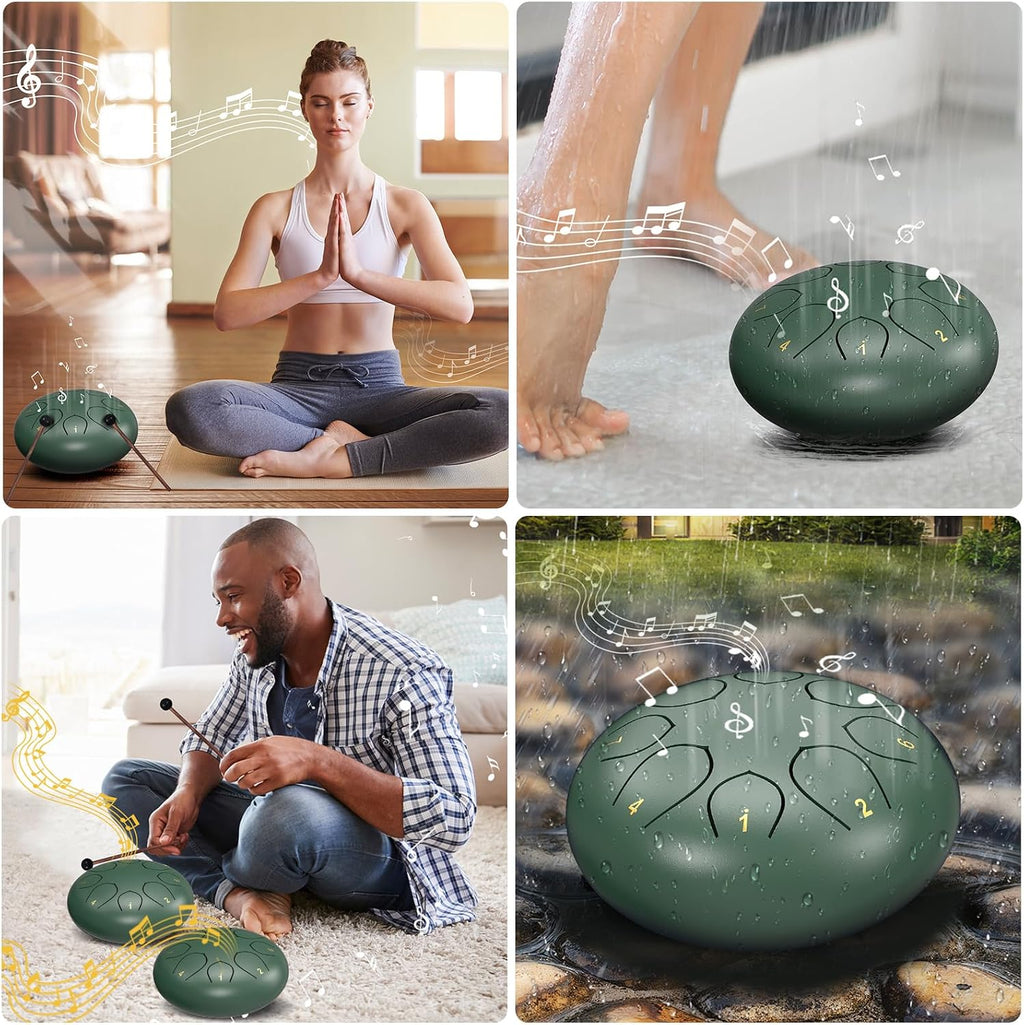 Rain Drum for outside Garden, 6 Inches 8 Notes Steel Tongue Chakra Drums, Waterproof Meditation Rain Chime, Musical Instruments for Adult Gift with Bag, Music Book, Drum Mallets (Green)